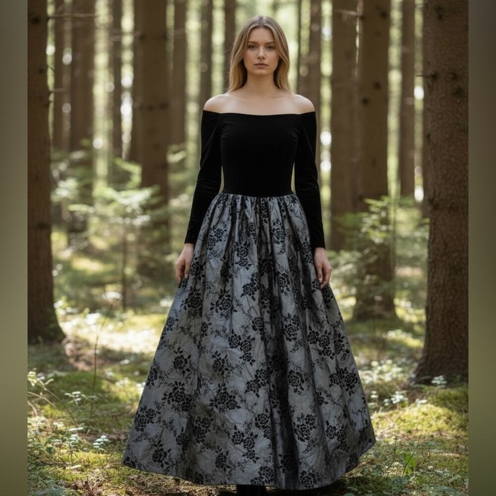 Vtg Scott McClintock Black Velvet Off Shoulder Floral Dress Gothic Dark‎ Romance